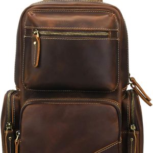 Vintage Full Grain Leather Chest Sling Bag Fits 10.5 iPad Crossbody Single Strap Backpack for Men