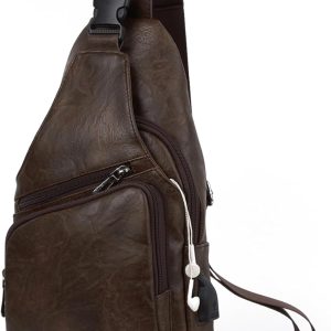 Men Vintage Leather Sling Bag Shoulder Crossbody Bag with USB Charge Port Casual Pack Dark Brown