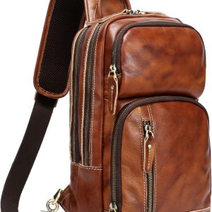 Full Grain Leather Sling Bag For Men Crossbody Chest Daypack fits 10.5" iPad