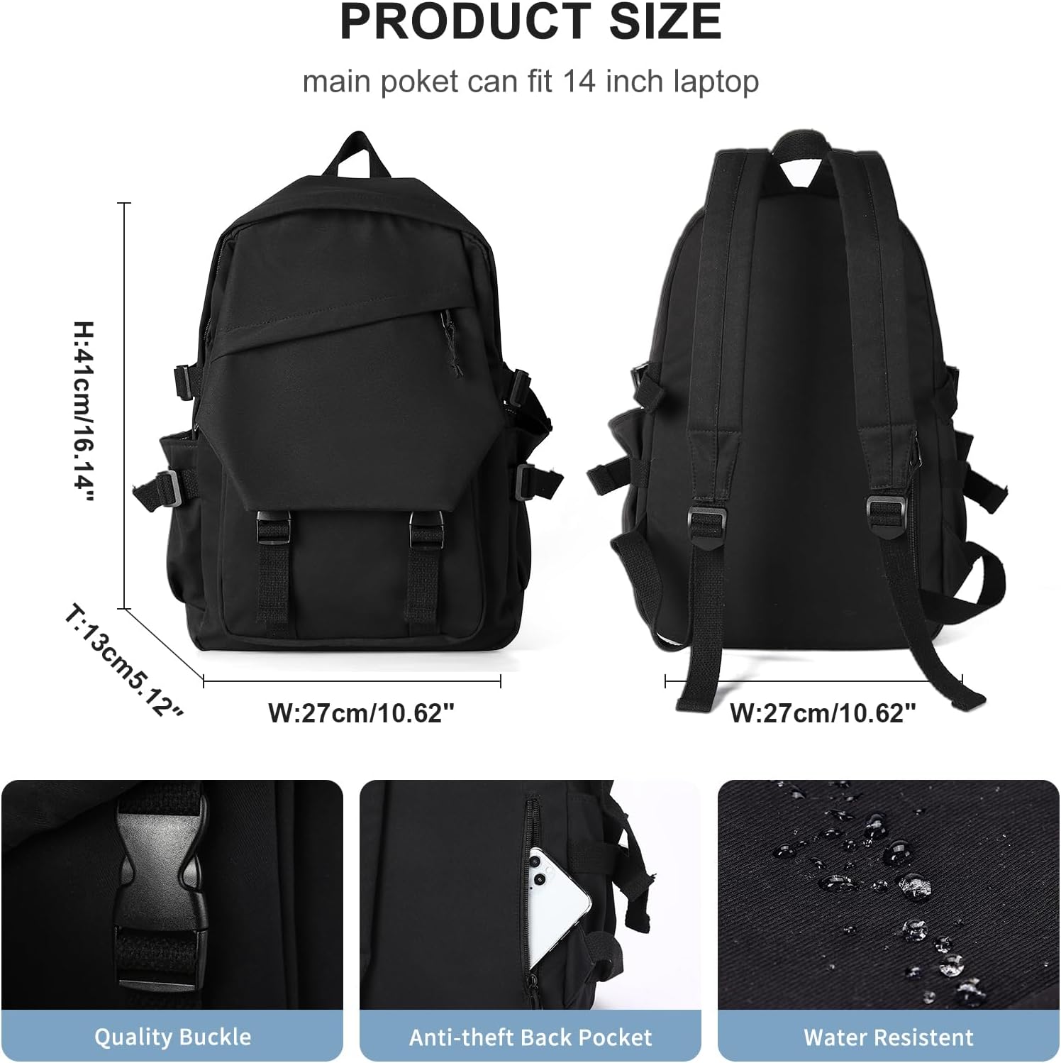 Backpack for Men Women Bookbag Waterproof Lightweight Black Backpack Book Bag Rucksack Casual Daypack Bag for Boys