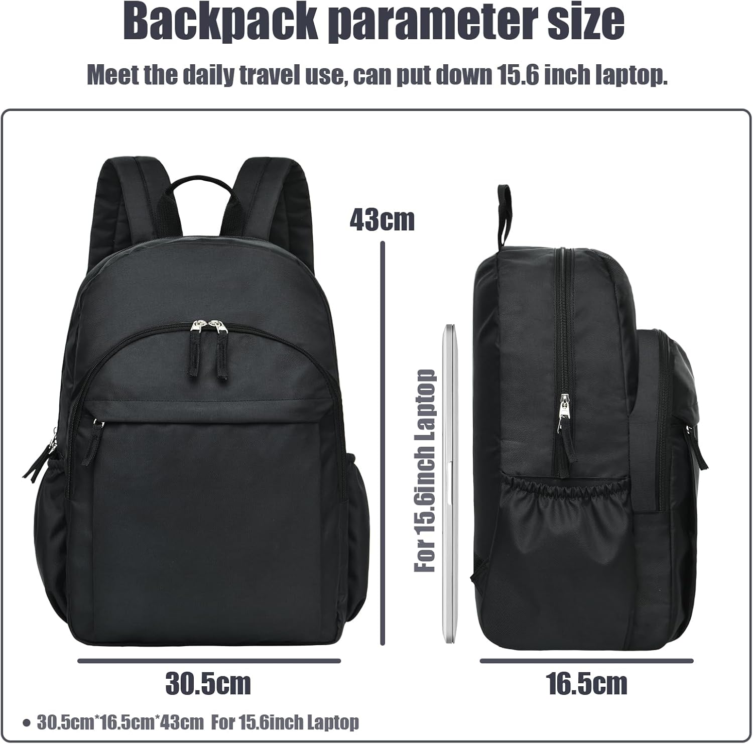 15.6 inch Basic Black Backpack for Men, Travel Backpack Carry on, Water Resistant Backpacks for Teens, Back Pack Bookbag for Boys , Work Backpacks for Women