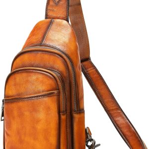 Genuine Leather Sling Bag, Vintage Handmade Leather Crossbody Bags 4 Zipper Pockets Travel One Shoulder Backpack Brown
