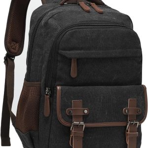 Canvas Laptop Backpack with USB Charging Port, Vintage Daypack for Men Women, Black Travel Work Rucksack  Computer Bag Bookbag Fits 15.6 Inch Lapop, Black